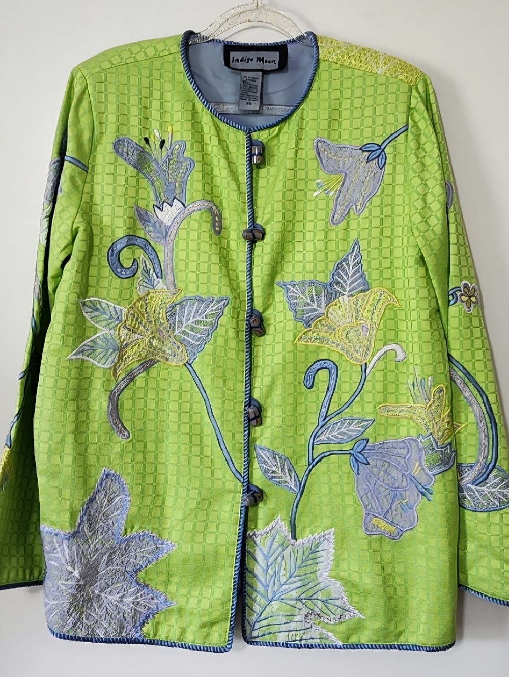 Vintage Indigo Moon Wearable Art Jacket Embroidered Floral Boho Goblincore XS